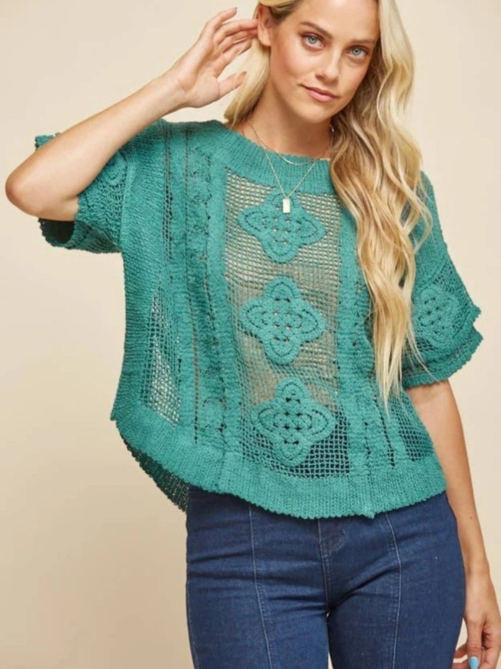 Wisteria Lane - Short Sleeve Crochet Teal Knit Top